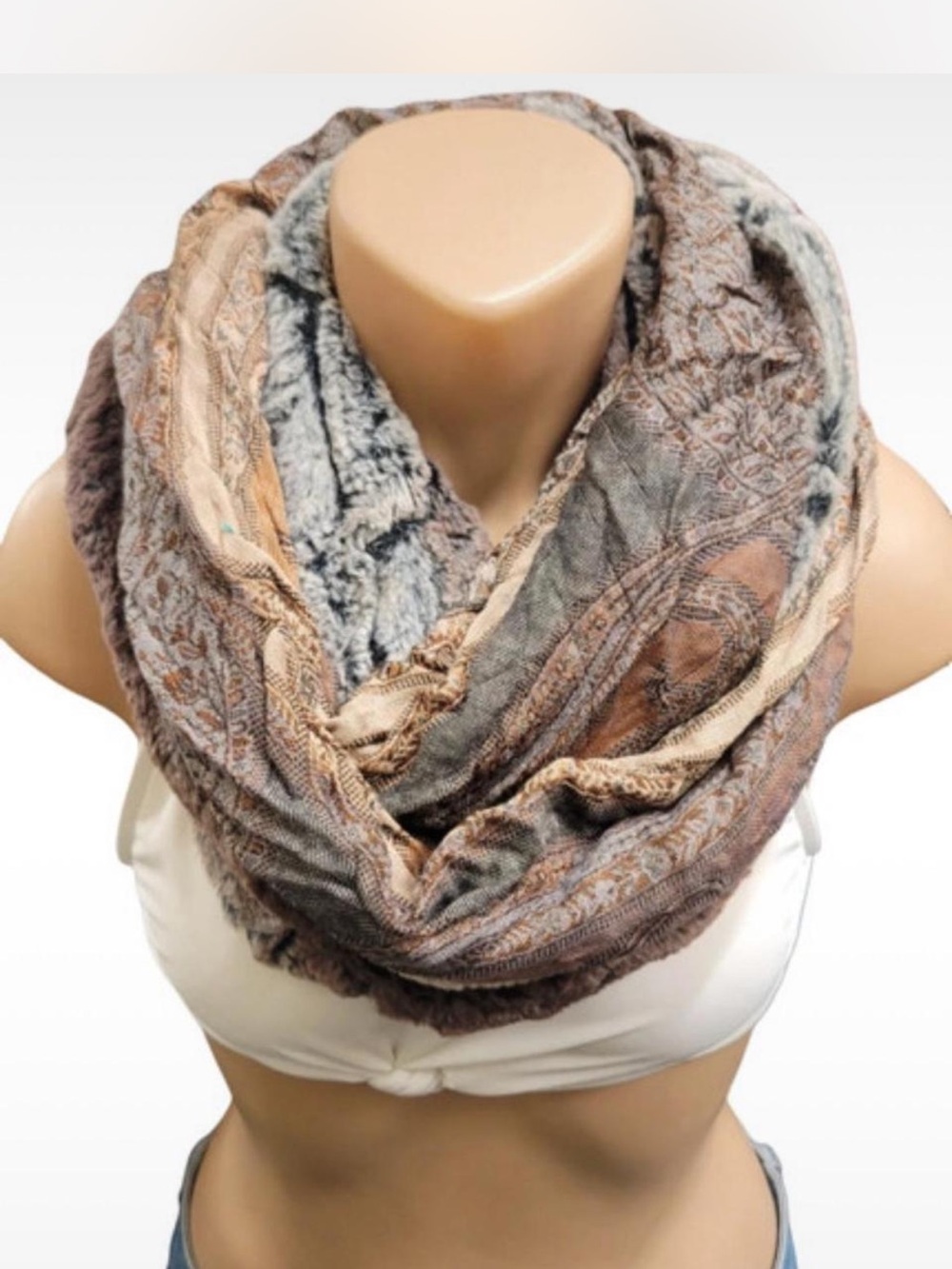 Reversible Infinity Scarf in Brown and Gray Paisley